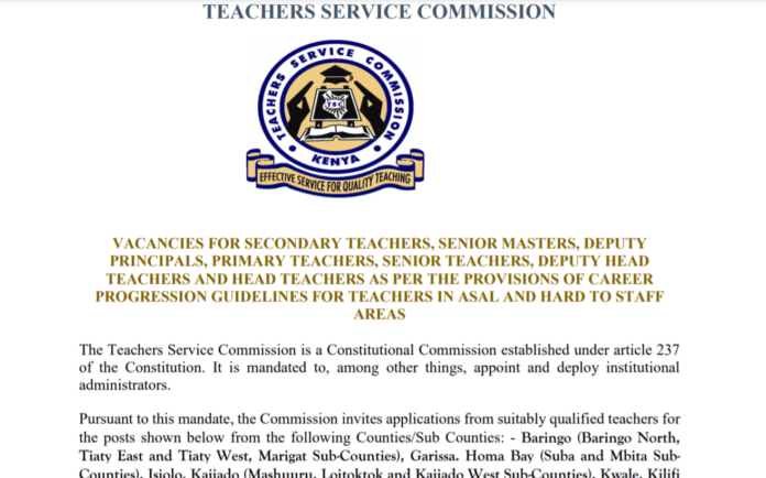 TSC Job Posting for Head Teachers; How to Apply