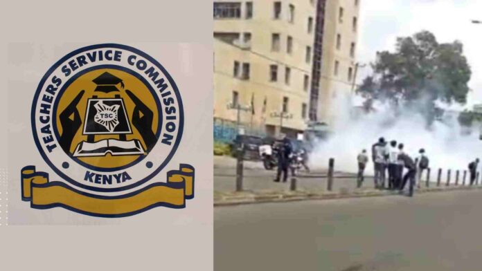 Police disperse teachers protesting at TSC offices.